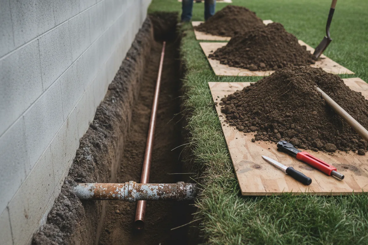 Excavated water line trench during Sewer Line Repair in Randall